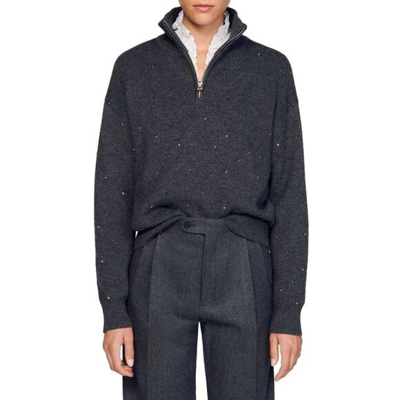 Sandro Sweaters - Sandro Osy Rhinestone Quarter Zip Sweater Womens Gray Wool/Cashmere Size 1